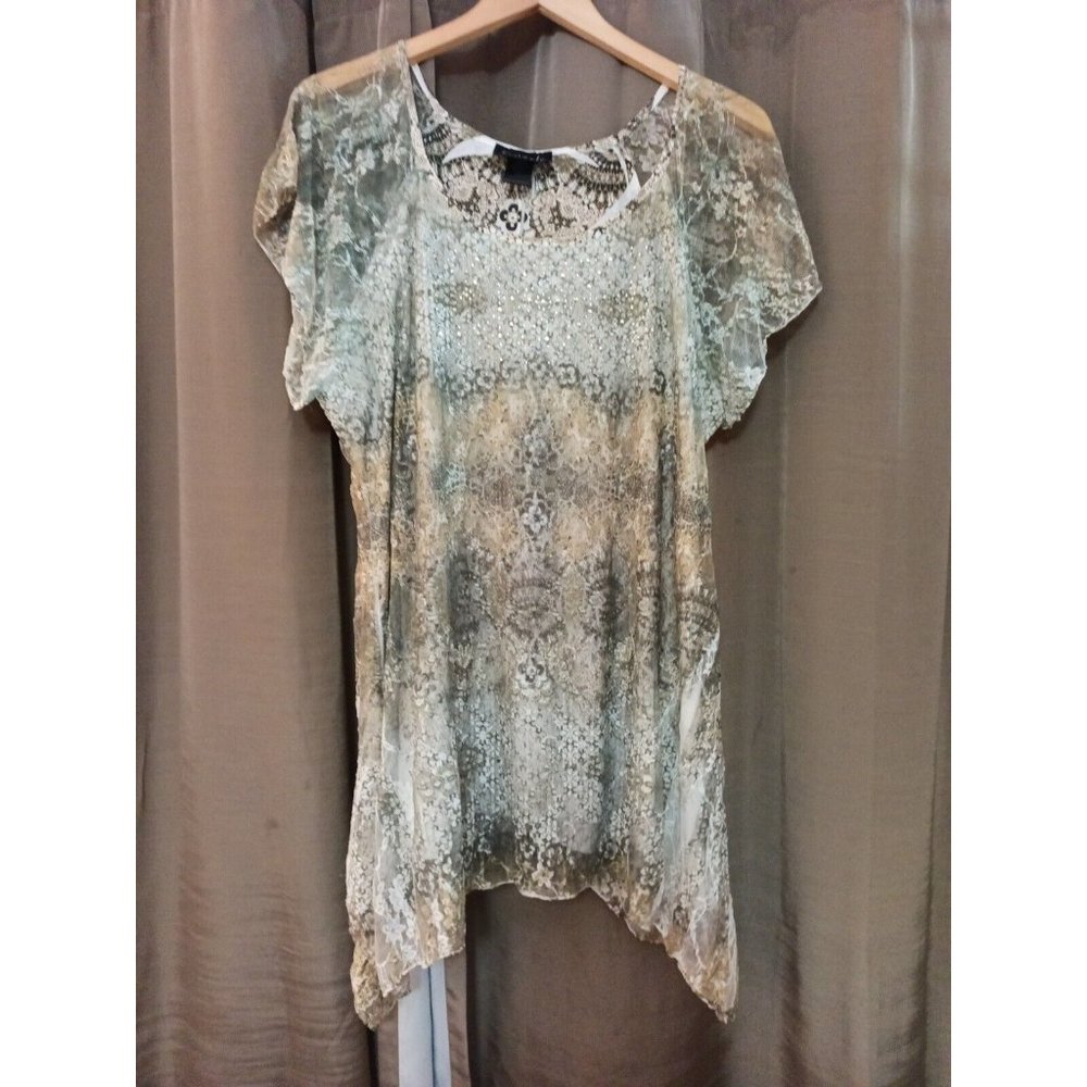 Women's Frazzle Sheer Lined Short Sleeve High Low Blouse Rhinestone Detail XL